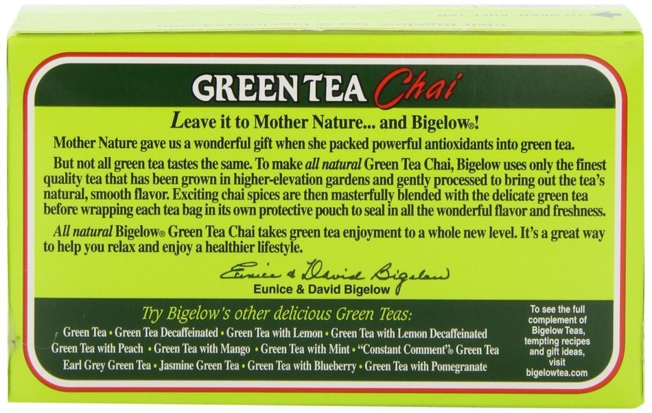 Bigelow Green Tea Chai 20-Count Boxes (Pack of 6)