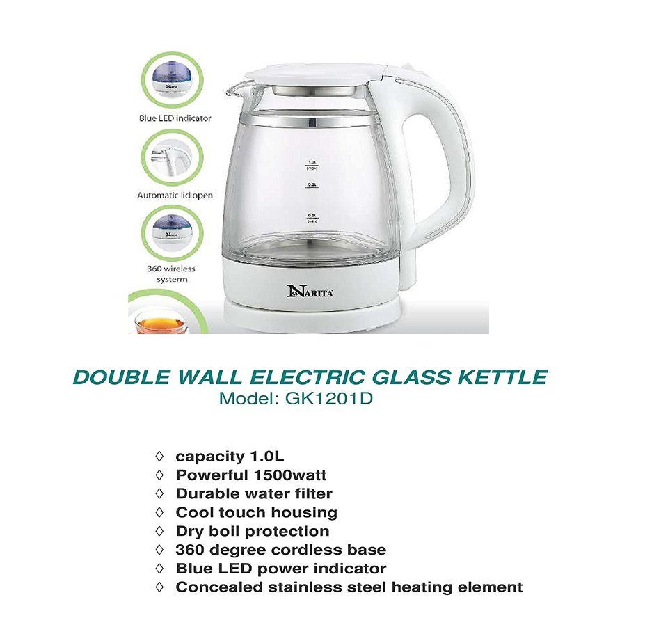HND&reg; 1.0 L Electric Glass Kettle ,Double Wall Kettle ,1500 Watt Max. N2