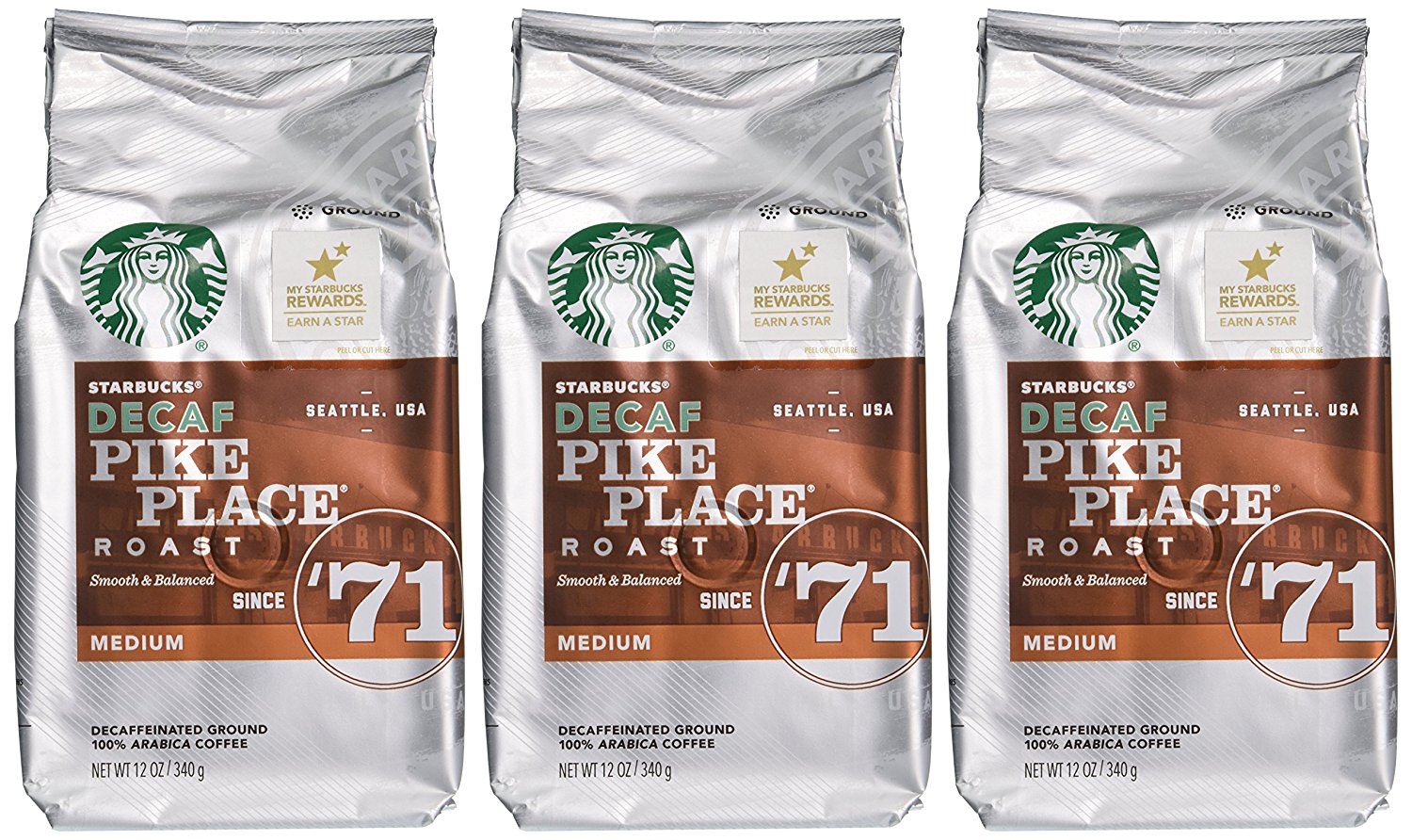 Starbucks Decaf Pike Place Roast, Ground, 12 oz. Bag (Pack of 3) (Pack ...