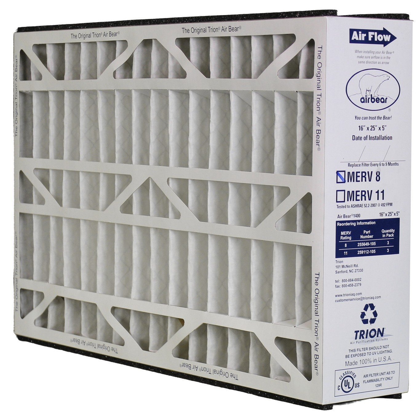 Trion Air Bear 255649-105 - Pleated Furnace Air Filter 16