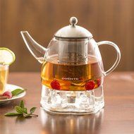 44-Ounce Elegant Bottom-Heavy Shape, Glass Tea Pot with Warmer, Clear