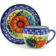 Ceramika Bona H6487F Polish Pottery Ceramic Espresso Cup with Saucer Hand Painted, 3-Ounce