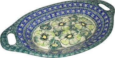Boleslawiec Stoneware - Polish Pottery Serving or Baking Dish with Handles - Eva's Collection "Green Garden" N2