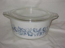 Vintage Pyrex White &amp; Blue Colonial Mist 1 1/2 Liter Casserole w/ Clear Glass Lid N2
