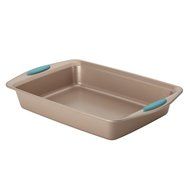 Cucina Nonstick Bakeware 9" x 13" Rectangle Cake Pan, Latte Brown with Agave Blue Handles N2