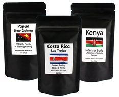 Single Origin Whole Bean Coffee Sampler, Artisanal Roasted Kenya AA, Costa Rica &amp; Papua New Guinea 3-2oz packages N3