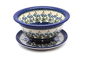 Polish Pottery Berry Bowl with Saucer - Blue Spring Daisy