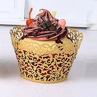 BUTEFO 50 Pcs Cupcake Holders Hollow Carving Decor Wrapper Wraps Cupcake Muffin Paper Holders (Gold) N5