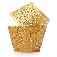 BUTEFO 50 Pcs Cupcake Holders Hollow Carving Decor Wrapper Wraps Cupcake Muffin Paper Holders (Gold) N20