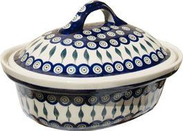 Polish Pottery Oval Casserole Dish From Zaklady Ceramiczne Boleslawiec #1158-56 Peacock Classic Pattern, Height... N3