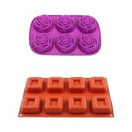 2win2buy 8-Cavity Square Silicone DIY Cake Baking Mold + 6-Cavity Rose-shaped Cake Mold for DIY Soap Chocolate