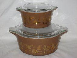 4 Piece Set - Vintage Pyrex Early American Brown &amp; Gold 1 Quart &amp; 2 1/2 Quart Glass Casserole Baking Dishes w/...