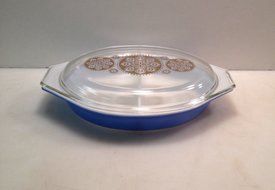 Vintage Pyrex Divided Royal Blue Promotional Gold Medallion Casserole Dish Lid N3
