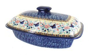 Polish Pottery Blue Butterfly Covered Baker