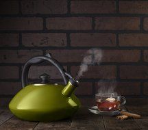 Osaka, Enamel Coated Whistling Tea Kettle - 3 Quart Capacity Teakettle "Kobe Port Tower" (Blue) N23
