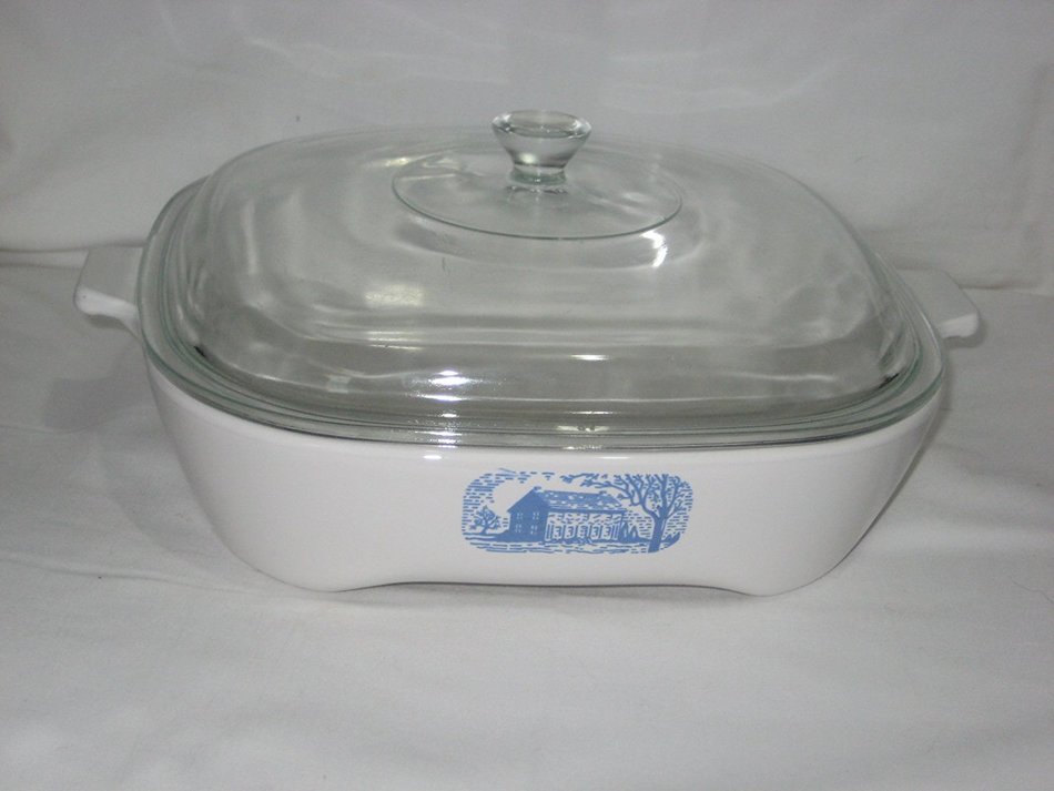 Vintage Corning Ware Amana Radarange White w/ Blue Colonial House 9 1/2 Inch Browning Skillet Casserole Baking...
