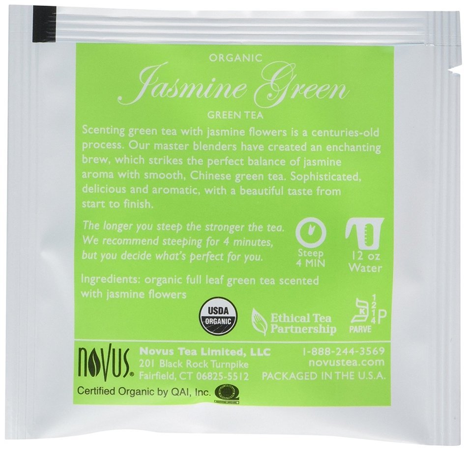 Novus Jasmine Green 100% Organic Tea, 50 Count Tea Bags