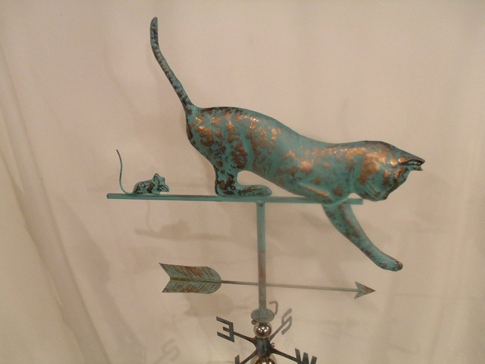 LARGE Handcrafted 3D 3- Dimensional CAT and Mouse Weathervane Copper Patina Finish
