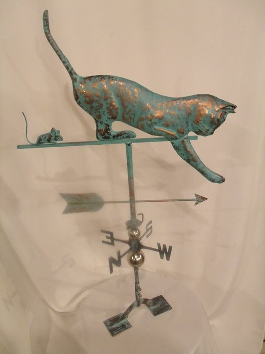LARGE Handcrafted 3D 3- Dimensional CAT and Mouse Weathervane Copper Patina Finish N2