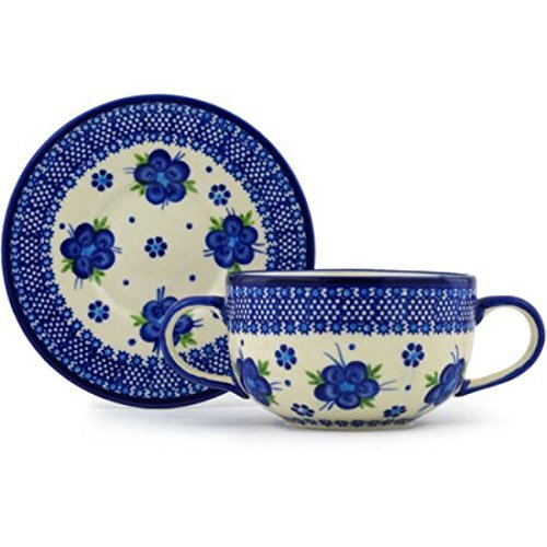 Ceramika Bona H0753H Polish Pottery Ceramic Bouillon Cup with Saucer Hand Painted, 19-Ounce