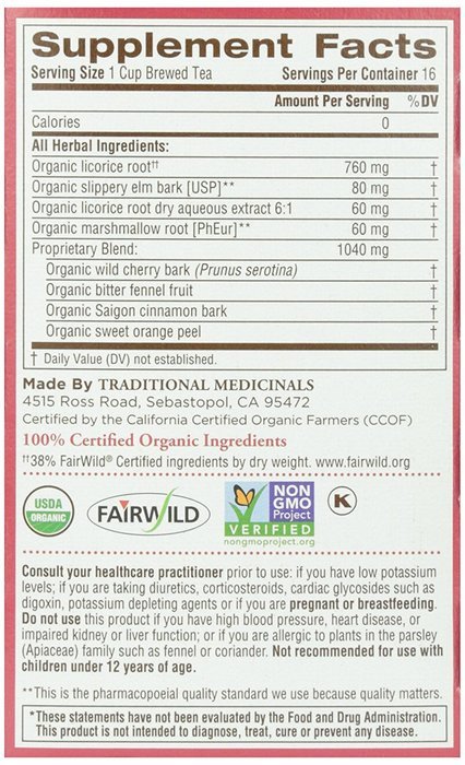Traditional Medicinals Organic Throat Coat Herbal Wrapped Tea Bags - 16 ct N3