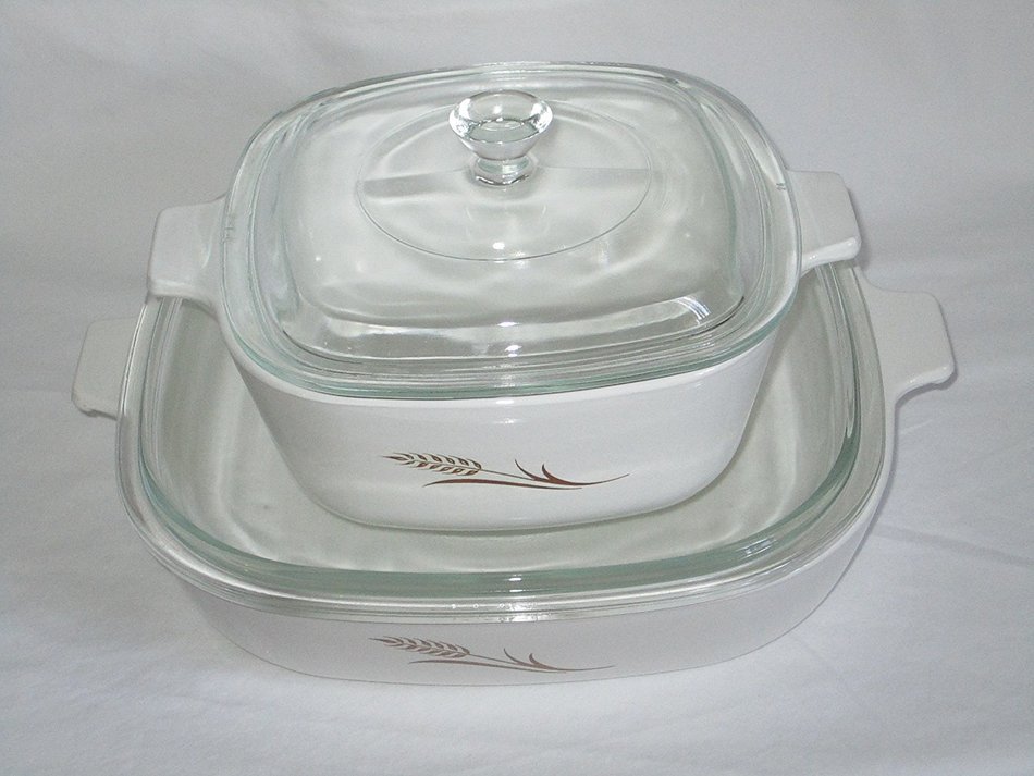 Vintage Corning Ware WHEAT Casserole Skillet Baking Dishes, 4 PIECE SET