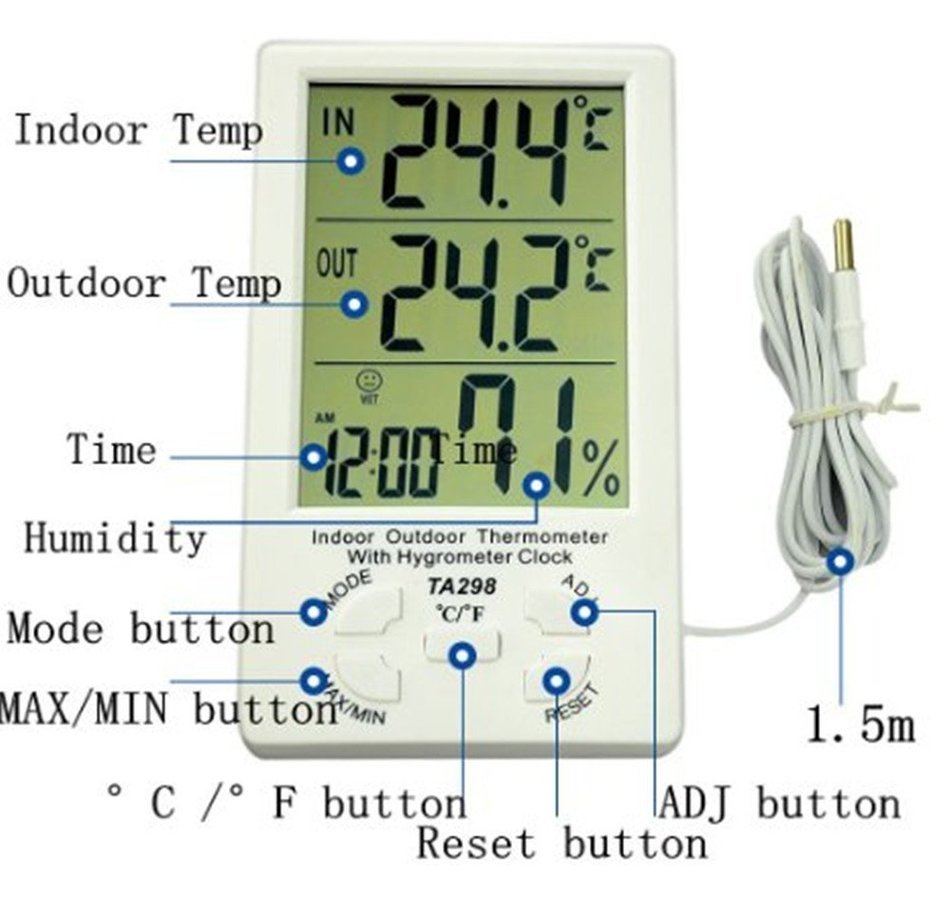 LingsFire Digital LCD Indoor/Outdoor Thermometer Humidity Hygrometer With Min/ Max Value And Clock (TA298)