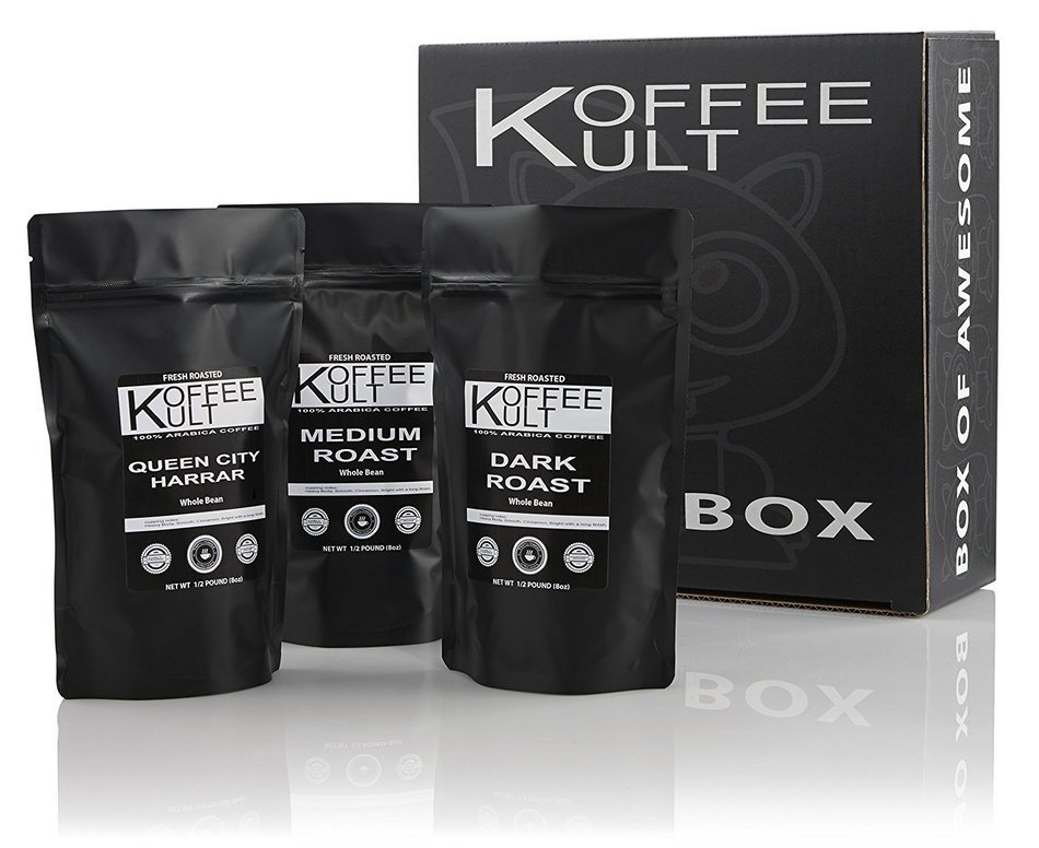 Koffee Kult Coffee Holiday Gift Basket - Variety of 3 Whole Bean Coffee - Dark Roast - Medium Roast - Harrar Coffees N9