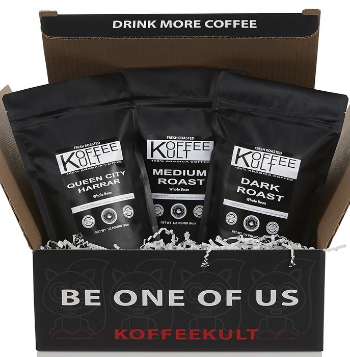 Koffee Kult Coffee Holiday Gift Basket - Variety of 3 Whole Bean Coffee - Dark Roast - Medium Roast - Harrar Coffees N16