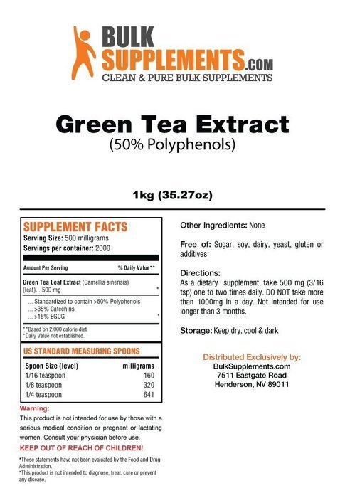 BulkSupplements Pure Green Tea 50% Polyphenols Powder (250 grams) N2