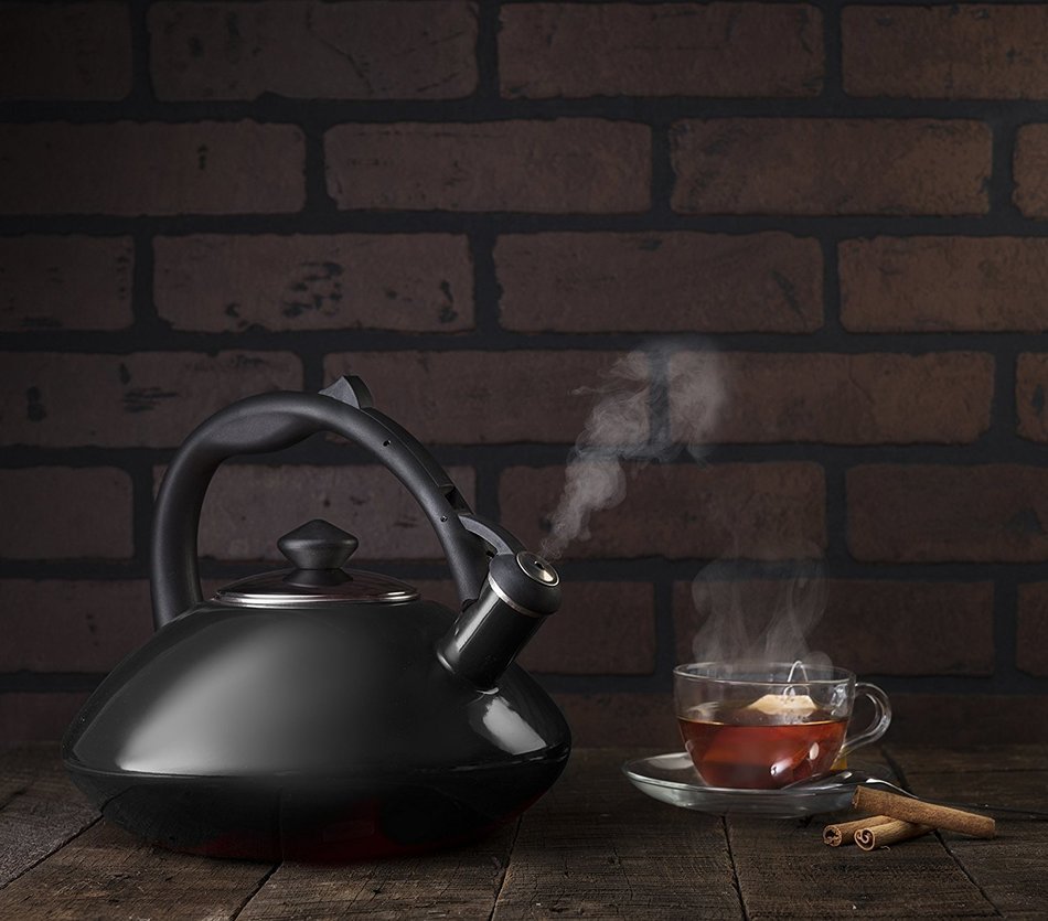 Osaka, Enamel Coated Whistling Tea Kettle - 3 Quart Capacity Teakettle "Kobe Port Tower" (Blue) N2