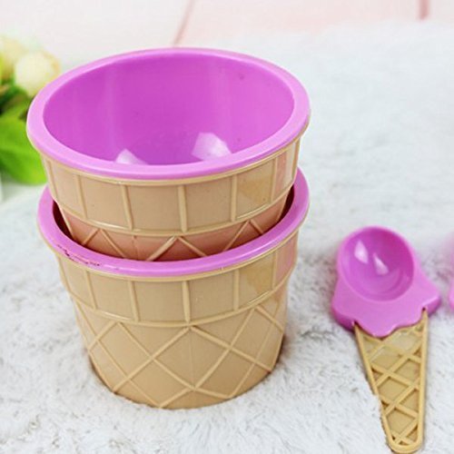 Pinovk Plastic Children Ice Cream Waffle Cone Bowls Spoons Cups Set
