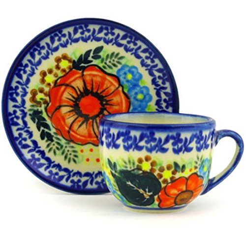 Ceramika Bona H6487F Polish Pottery Ceramic Espresso Cup with Saucer Hand Painted, 3-Ounce