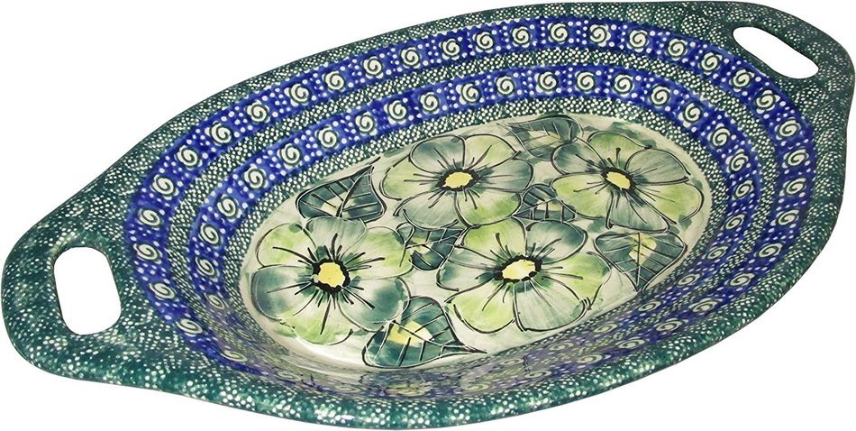 Boleslawiec Stoneware - Polish Pottery Serving or Baking Dish with Handles - Eva's Collection "Green Garden" N2