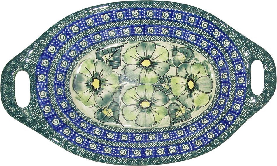 Boleslawiec Stoneware - Polish Pottery Serving or Baking Dish with Handles - Eva's Collection "Green Garden" N4