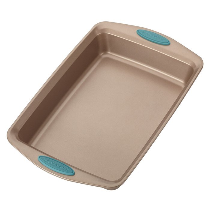 Cucina Nonstick Bakeware 9" x 13" Rectangle Cake Pan, Latte Brown with Agave Blue Handles