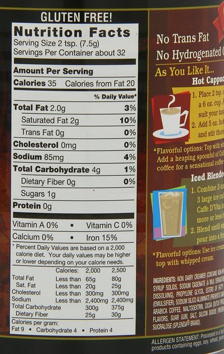 Caffe D'Vita Sugar Free Mocha Instant Cappuccino, 8.5-Ounce Canisters (Pack of 6)
