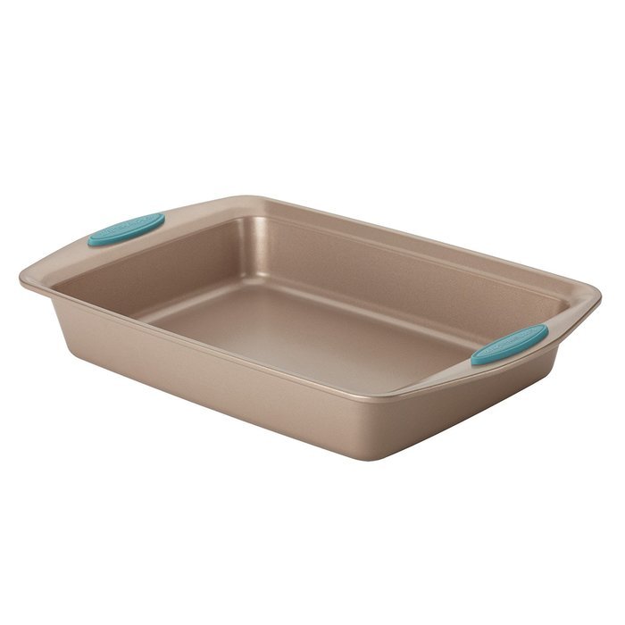 Cucina Nonstick Bakeware 9" x 13" Rectangle Cake Pan, Latte Brown with Agave Blue Handles N2