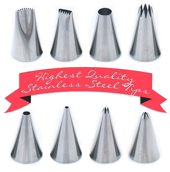Cake Decorating Kit - 8 Seamless Piping Tips, 2 Reusable Cotton Pastry Bags, 2 Plastic Couplers & 3 Spatulas -... N4