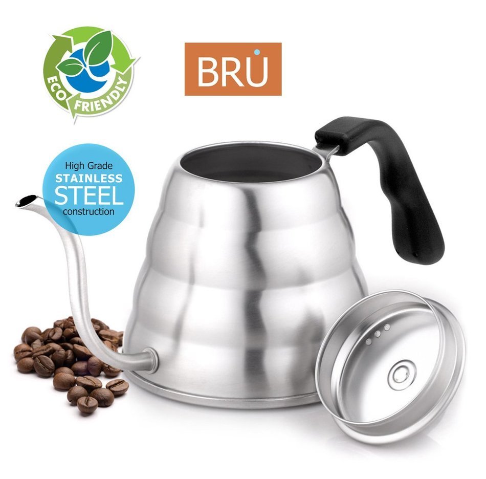 Pour Over Coffee Kettle ~ BRU USA Premium Gooseneck Stainless Steel Drip Pot for Coffee & Tea, 1.2L