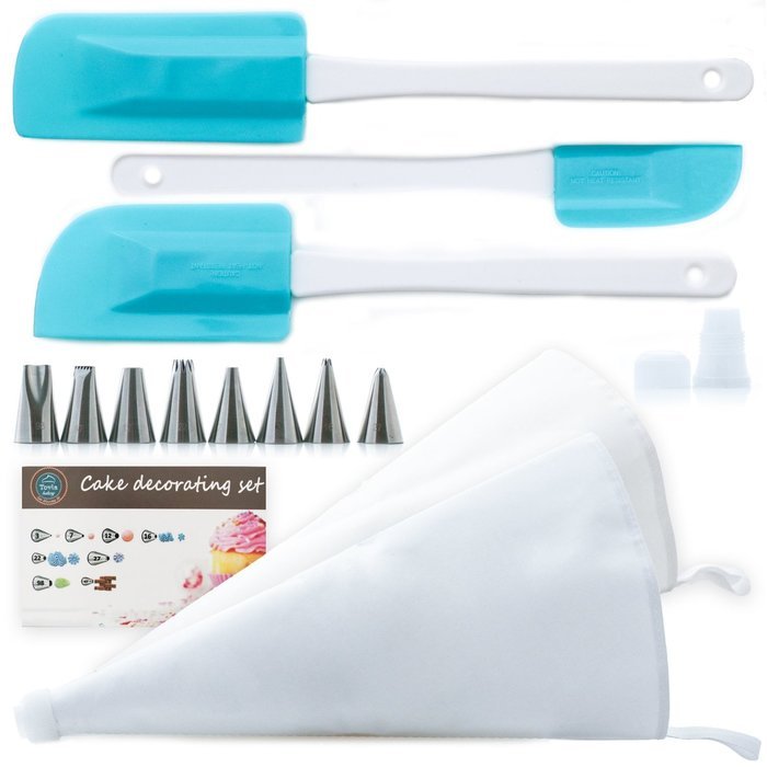 Cake Decorating Kit - 8 Seamless Piping Tips, 2 Reusable Cotton Pastry Bags, 2 Plastic Couplers & 3 Spatulas -... N5