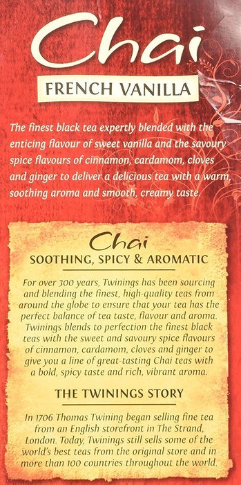 Twinings of London French Vanilla Chai Tea Bags 1.41 Ounces - 1 Box N2