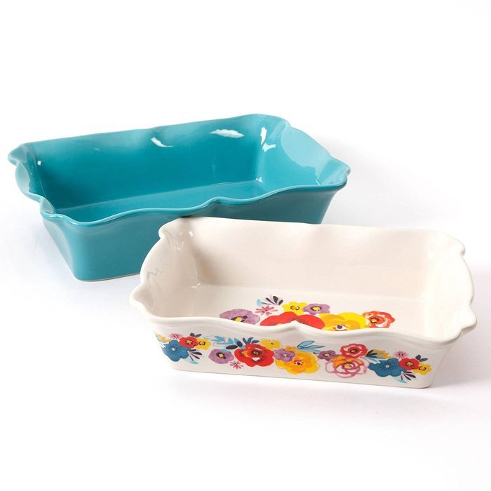 2-Piece Flea Market Decorated Rectangular Ruffle Top Ceramic Bakeware Set, Assorted N3