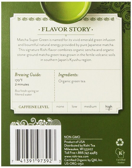 Rishi Tea Organic Matcha Super Green Tea Bags, 15 Count (Pack of 6) N4