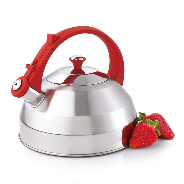 Creative Home Steppes Stainless Steel Whistling Tea Kettle with Red Handle and Knob