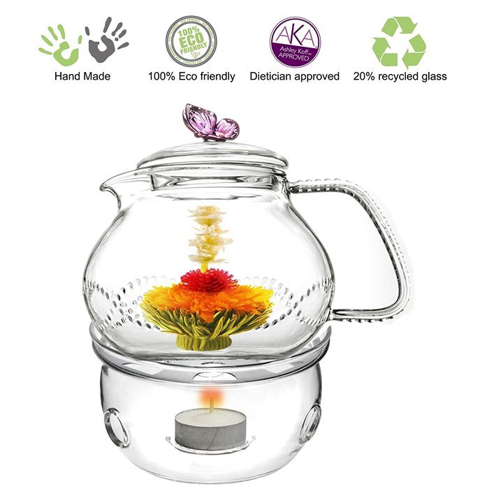 Teapot Set Flowering Tea Glass Teapot Gift Set Harmony 42 Oz / 1242 Ml with Stainless Steel Tea Warmer Alex Tea... N5