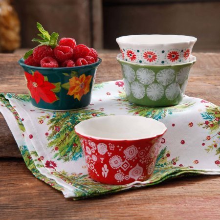 The Pioneer Woman Holiday 7 oz Ruffle-Top Ramekins, Assorted Designs, Set of 8 N2