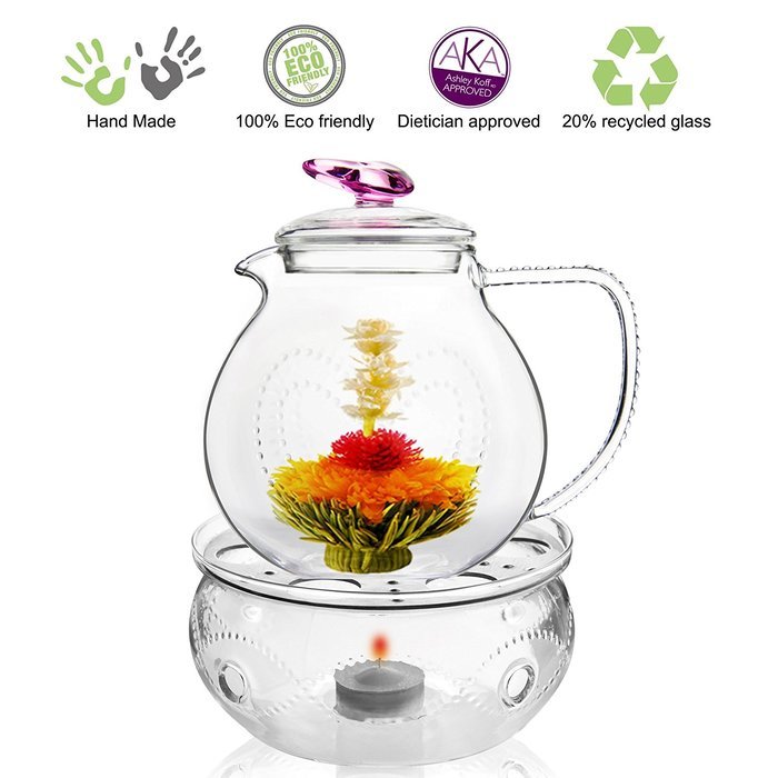 Teapot Set Flowering Tea Glass Teapot Gift Set Harmony 42 Oz / 1242 Ml with Stainless Steel Tea Warmer Alex Tea... N6