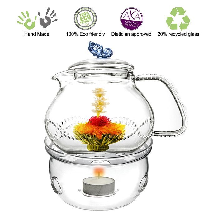Teapot Set Flowering Tea Glass Teapot Gift Set Harmony 42 Oz / 1242 Ml with Stainless Steel Tea Warmer Alex Tea... N10