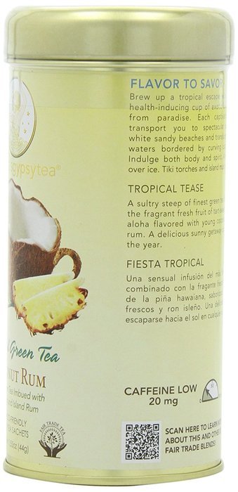 Zhena's Gypsy Tea, Coconut Rum Tropical Green Tea, 1.55 Oz, 22 Count Tea Sachets